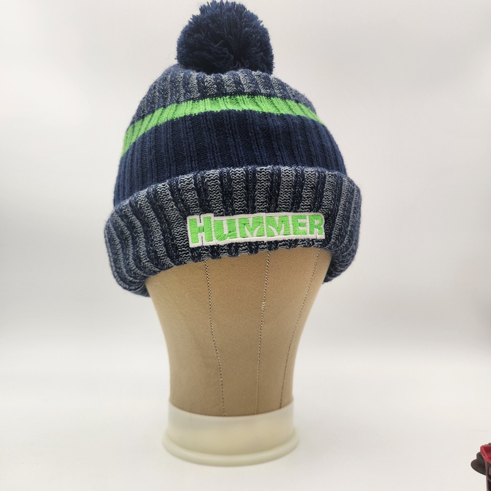 OC Sports Hummer Beanie Hat Navy Blue Lime Green Striped Fleece Lined Pom KNF200